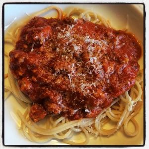 Rice pasta with meat sauce...win!