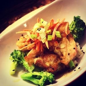 Orange Chicken served over jasmine rice with steamed veggies...YUM