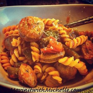 My take on sausage and peppers...but with chicken sausage and rice pasta!  YUM!