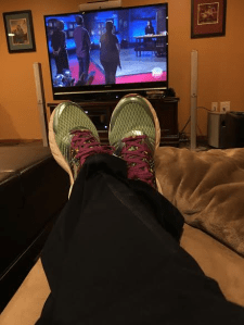 Doesn't everyone lounge around the house in their old marathon running shoes?